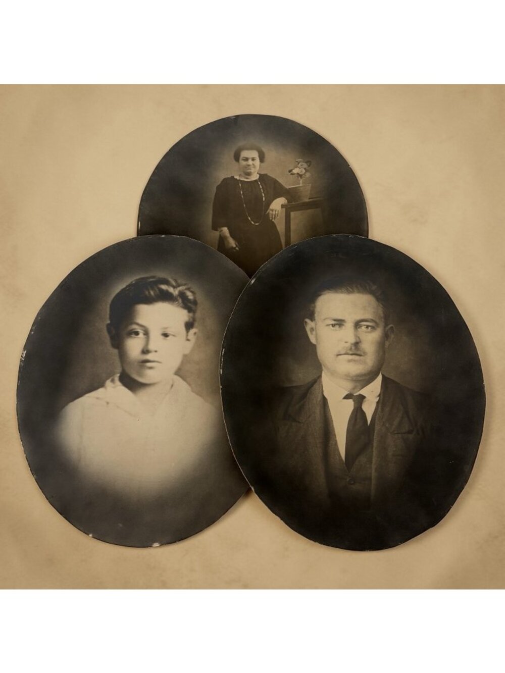 Lot 3 Large Antique Portraits Oval Man, Woman, Little Boy, Early 1900s Decor